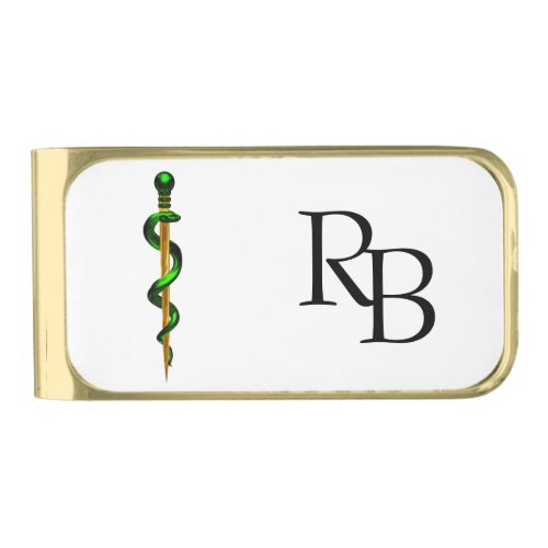 Herbal Green Medical Gold Rod of Asclepius Gold Finish Money Clip