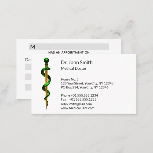 Herbal Green Rod of Asclepius Gold Medical Appointment Card