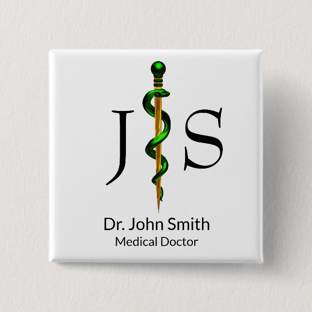 Herbal Green Rod of Asclepius Medical Gold Button (Front)