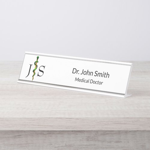 Herbal Green Rod of Asclepius Medical Gold Desk Name Plate