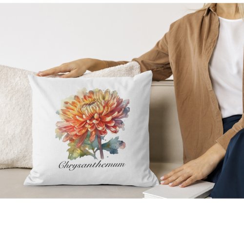 Herbal Life Chrysanthemum in watercolor Throw Pillow