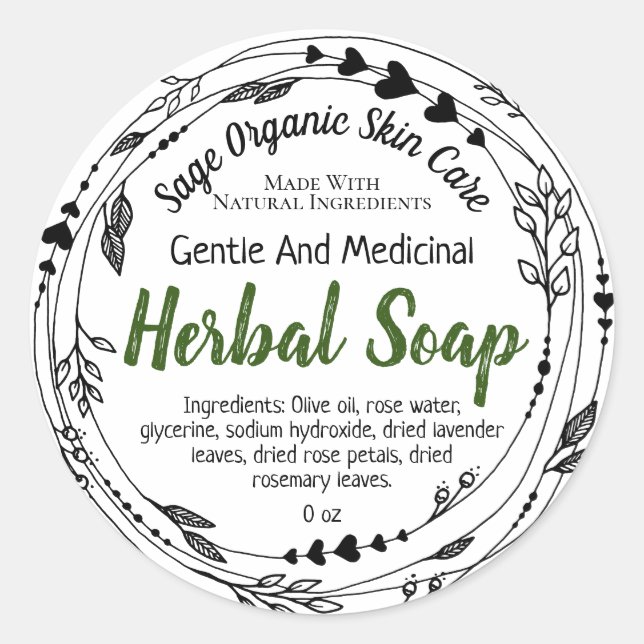 Herbal Wreath Black And White Soap Labels (Front)
