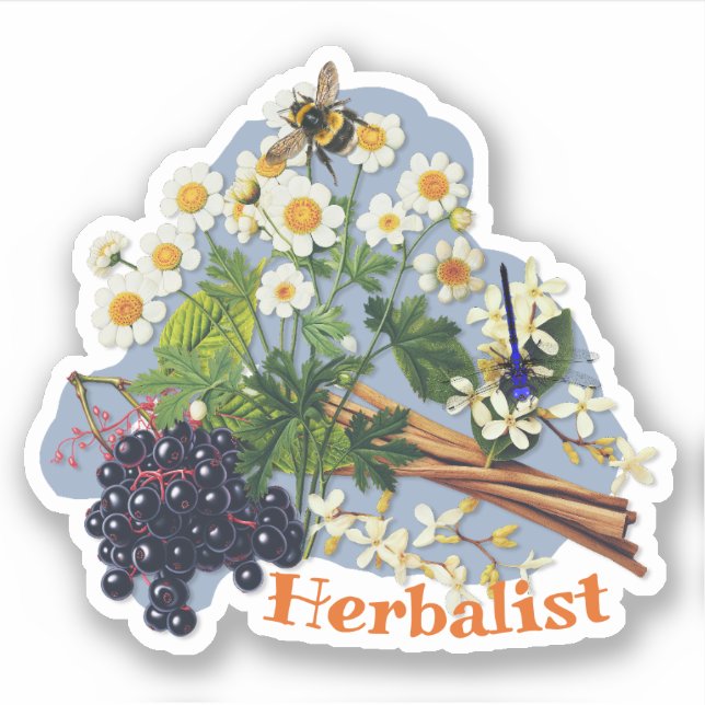 Herbalist Feverfew Flowers Elderberry shaped Sticker (Front)