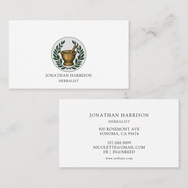 Herbalist Illustrated Mortar Pestle  Business Card (Front/Back)