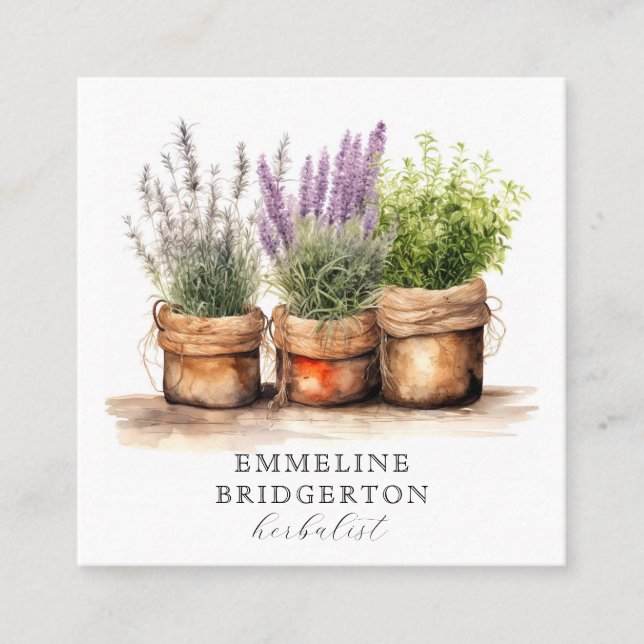 Herbalist Plants Watercolor  Square Business Card (Front)