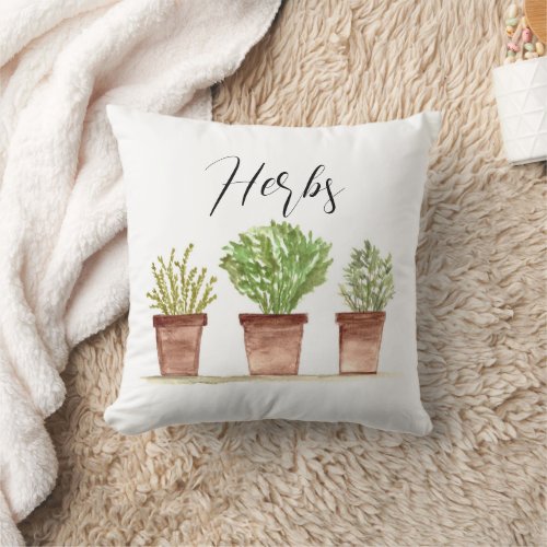 Herbs flowers watercolor green Vintage Botanical T Throw Pillow