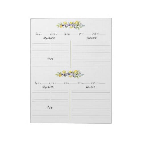 Herbs Lemons Botanical Lined Recipe Pages Notepad