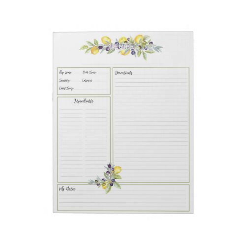 Herbs Lemons Botanical Recipe Organizer Pages Notepad