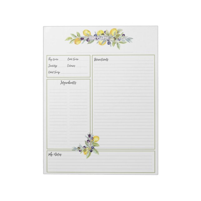 Herbs Lemons Botanical Recipe Organizer Pages Notepad (Rotated)