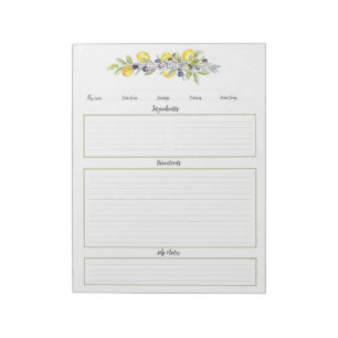 Herbs Lemons Botanical Recipe Organizer Pages Notepad