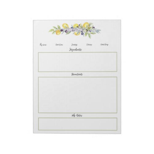 Herbs Lemons Botanical Unlined Recipe Pages Notepad