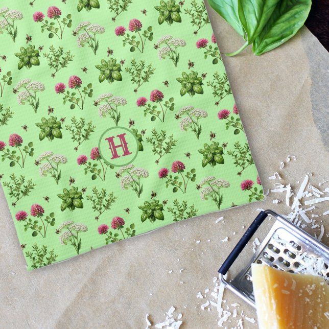 Herbs n Bees Pink Green Monogram Initial Kitchen Towel (Creator Uploaded)