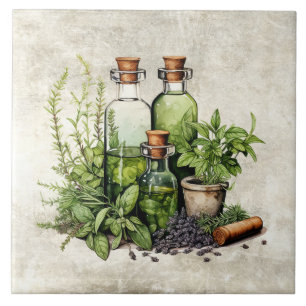 Herbs Oil Vinegar Bottles Rustic Ceramic Tile
