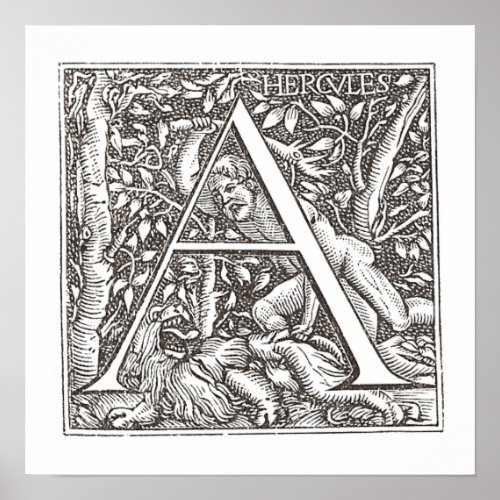 Hercules Slaying the Lion with Letter A Monogram Poster