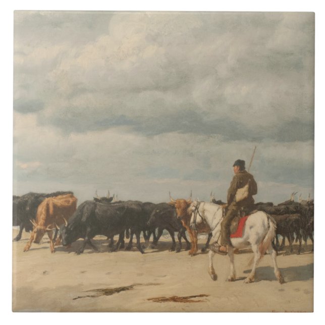 Herd of Cattle Beside the Sea (by Eugène Burnand) Ceramic Tile (Front)