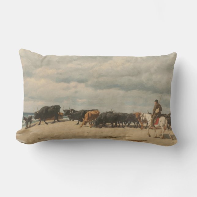 Herd of Cattle Beside the Sea (by Eugène Burnand) Lumbar Pillow (Front)