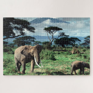 Herd of Elephants in a african field Jigsaw Puzzle