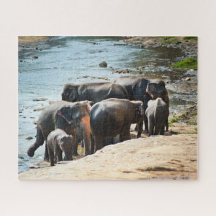 Herd of Elephants with Baby in Water Jigsaw Puzzle