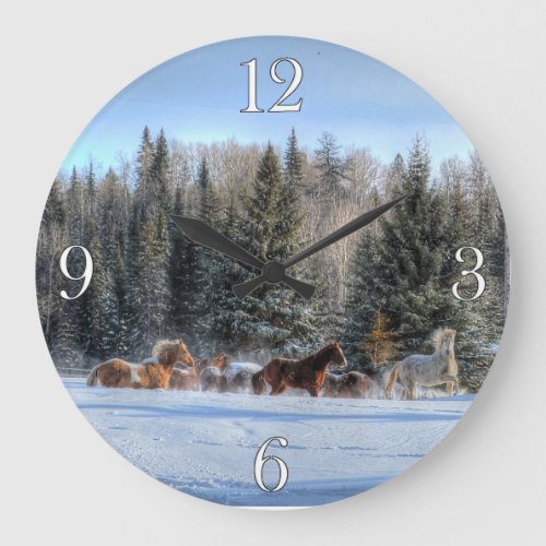 Herd of Horses Running in First Winter Snow Large Clock