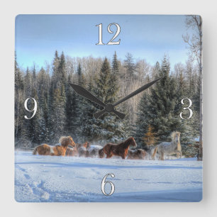 Herd of Horses Running in First Winter Snow Square Wall Clock