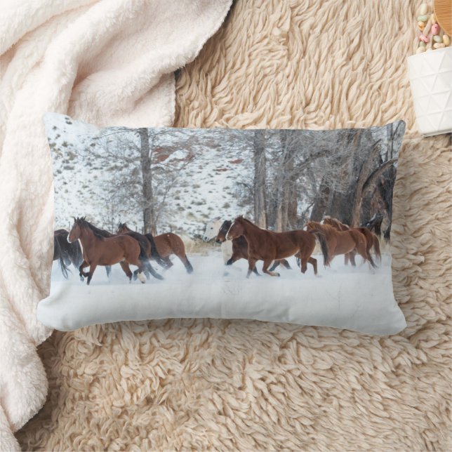 Herd of Horses Running in Snow Lumbar Pillow (Blanket)