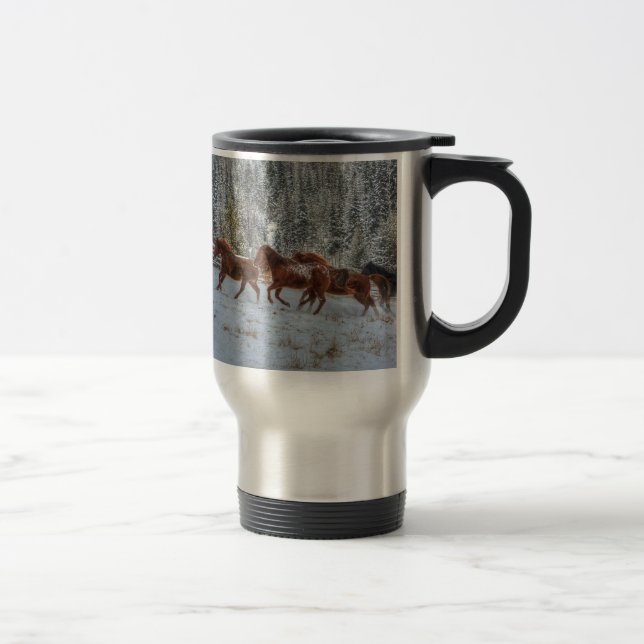 Herd of Horses Running in Winter Snow Travel Mug (Right)