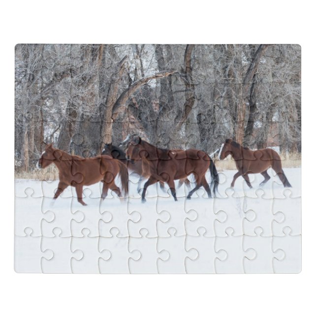 Herd of Horses Running in Winters Snow Jigsaw Puzzle (Puzzle Horizontal)