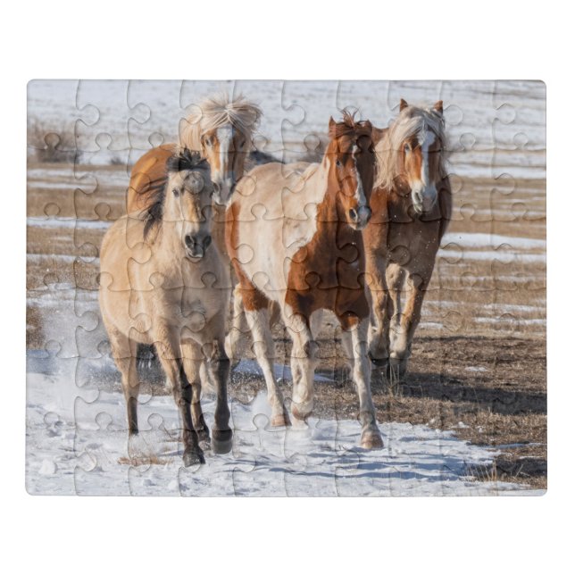 Herd of Mixed Breed Horses Running in the Snow Jigsaw Puzzle (Puzzle Horizontal)