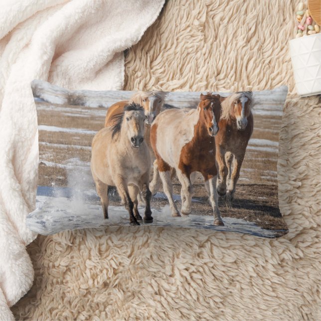 Herd of Mixed Breed Horses Running in the Snow Lumbar Pillow (Blanket)