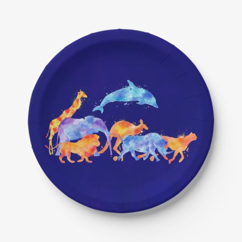 Herd of Wild Animals On Purplish Blue Background Paper Plates