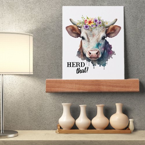 Herd That Funny Cow Print Watercolor Floral Picture Ledge