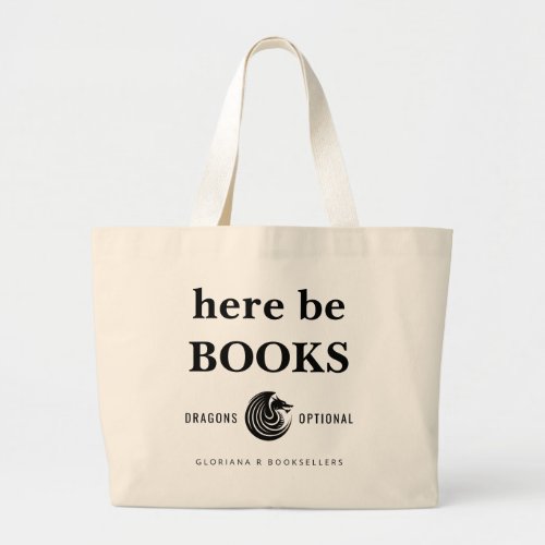 Here Be Books Dragon Logo Black Typography Large T Large Tote Bag