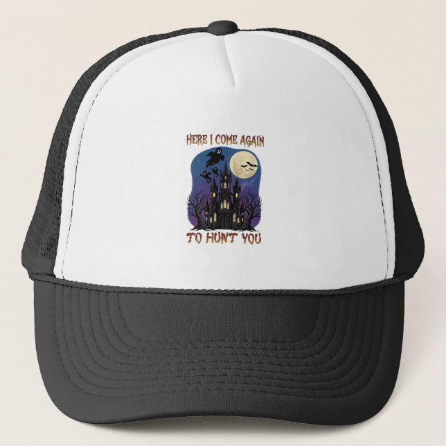 Here Come Again Haunted Castle Ghosts Moon Trucker Hat (Front)