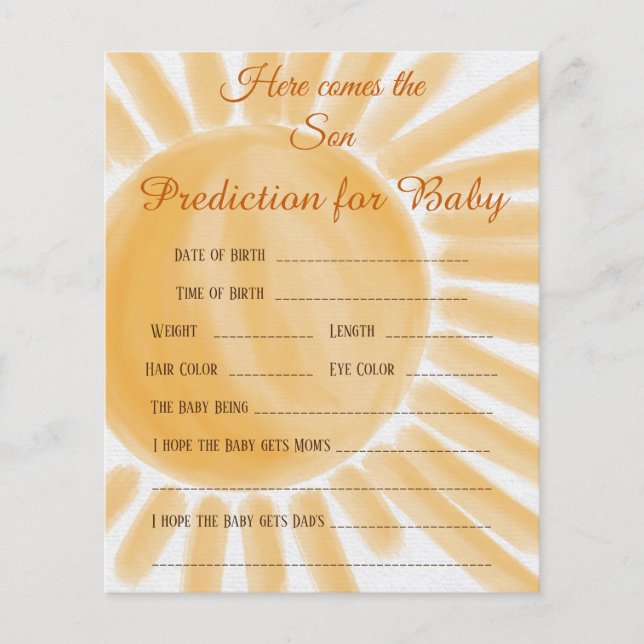 Here Come Son Ray Baby Shower Baby Prediction Game (Front)