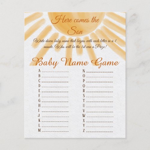 Here Come Sunshine Baby Shower Baby Name Race Game