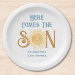 Here Come The Son Baby Shower  Paper Plates<br><div class="desc">These baby shower paper plates feature the text "Here Comes The Son" in stylish blue and brown typography with a cute yellow watercolor sun.
Easily customizable.
Original Watercolor © Michele Davies.</div>
