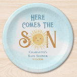 Here Come The Son Baby Shower  Paper Plates<br><div class="desc">These cute boy's baby shower paper plates feature the text "Here Comes The Son" in stylish blue and brown typography with a smiling yellow watercolor sun and blue sky.
Easily customizable.
Original Watercolor © Michele Davies.</div>