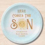 Here Come The Son Boy's Baby Shower  Paper Plates<br><div class="desc">These cute boy's baby shower paper plates feature the text "Here Comes The Son" in stylish typography with a smiling yellow watercolor sun and blue sky.
Easily customizable.
Because we create our artwork you won't find this exact image from other designers.
Original Watercolor © Michele Davies.</div>