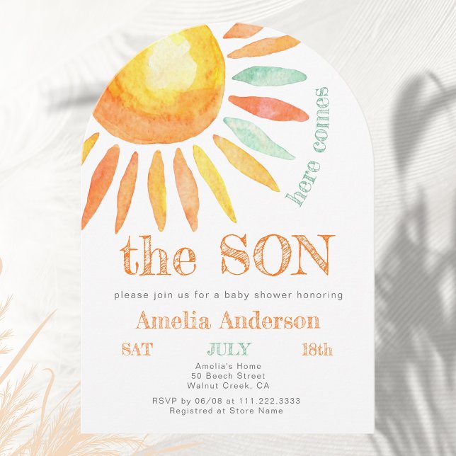Here Come The Son Sun Watercolor Baby Shower  Invitation (Creator Uploaded)