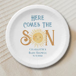 Here Come The Son Sunshine Baby Shower  Paper Plates<br><div class="desc">These baby shower paper plates feature the text "Here Comes The Son" in blue retro typography with a cute yellow watercolor sun.
Easily customizable.
Because we create our artwork you won't find this exact image from other designers.
Original Watercolor © Michele Davies.</div>