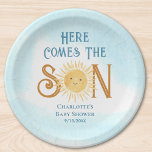 Here Come The Son Sunshine Baby Shower  Paper Plates<br><div class="desc">These cute boy's baby shower paper plates feature the text "Here Comes The Son" in retro typography with a smiling yellow watercolor sun and blue sky.
Easily customizable.
Because we create our artwork you won't find this exact image from other designers.
Original Watercolor © Michele Davies.</div>