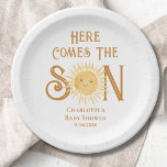 Here Come The Son Sunshine Boy's Baby Shower  Paper Plates<br><div class="desc">These boy's baby shower paper plates feature the text "Here Comes The Son" in stylish typography with a cute yellow watercolor smiling sun.
Easily customizable.
Because we create our artwork you won't find this exact image from other designers.
Original Watercolor © Michele Davies.</div>