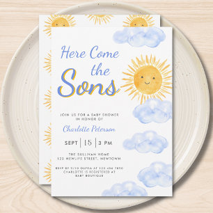 Here Come The Sons Twin Boys Baby Shower Invitation