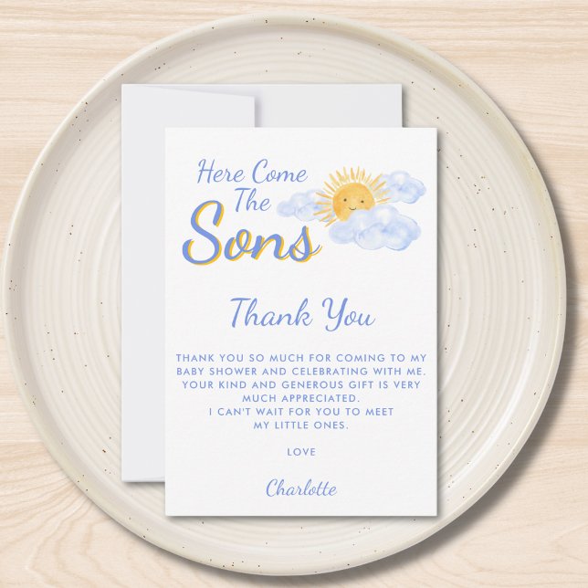 Here Come The Sons Twin Boy's Baby Shower Thank You Card (Creator Uploaded)