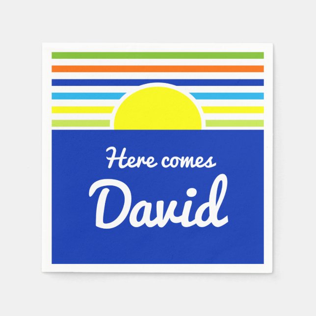 Here Comes Baby Name Rising Sun Fun Stripes  Napkins (Front)