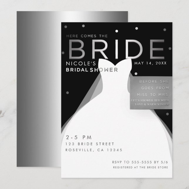 Here comes BRIDE Black Silver White Bridal Shower Invitation (Front/Back)