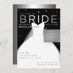 Here comes BRIDE Black Silver White Bridal Shower Invitation