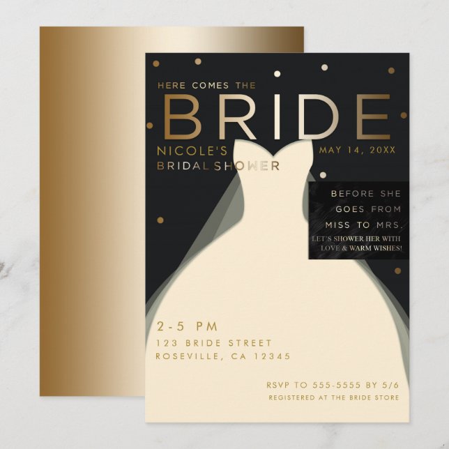 Here comes BRIDE Cream Black Gold Bridal Shower Invitation (Front/Back)