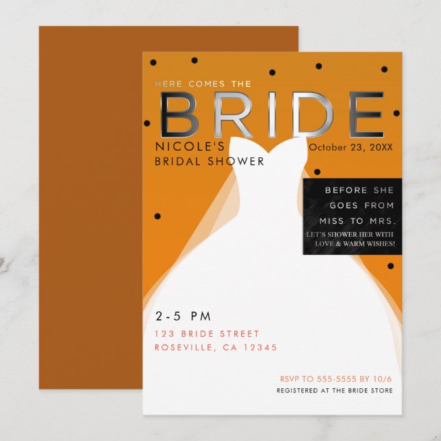 Here comes BRIDE Halloween Orange Bridal Shower Invitation (Front/Back)