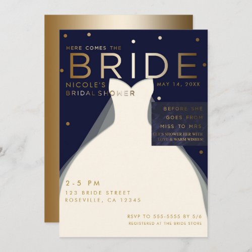 Here comes BRIDE Navy Blue  Gold Bridal Shower Invitation